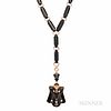 Victorian Gold, Onyx, and Pearl Locket and Chain, the shaped onyx pendant set with split pearls, reverse with compartment, suspended fr