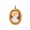 Antique Gold and Hardstone Cameo Pendant, depicting a maiden wearing a garland of flowers, engraved frame, 2 x 1 3/8 in.