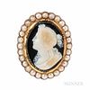 Antique Gold and Hardstone Cameo Brooch, depicting a bacchante, framed by split pearls, reverse with hair compartment, 1 1/2 x 1 3/16 i