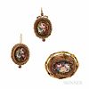 Antique Micromosaic Brooch and Earrings, depicting flowers, in goldstone glass, lg. 1 3/4, 1 1/4 in.