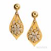 Gold and Seed Pearl Earrings, composed of antique elements, the large drops with seed pearl flowers, 22.8 dwt, lg. 2 3/4 in.