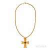 Gold Cross and Chain, the cross with cabochon garnet, braid and bead accents, 30.0 dwt, 2 1/4 x 1 5/8, lg. 19 in.