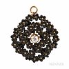 Antique 14kt Gold, Enamel, and Diamond Pendant/Brooch, designed as an old European-cut diamond, approx. 0.25 cts., among a cluster of f