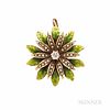 Antique 14kt Gold, Seed Pearl, Diamond, and Enamel Flower Pendant/Brooch, set with an old European-cut diamond, lg. 1 in.