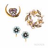 Group of Art Nouveau 14kt Gold and Enamel Flower Jewelry, two brooches, a wreath with pearls and old European-cut diamonds, a pansy, an