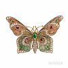 18kt Gold and Plique-a-jour Enamel Butterfly Brooch, the plique-a-jour enamel wings with ruby and emerald accents, with platinum and ro