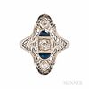 Art Deco 18kt White Gold and Diamond Filigree Ring, set with an old European-cut diamond weighing approx. 0.25 cts., blue stone accents