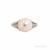 Edwardian Platinum, Pearl, and Diamond Ring, the button pearl measuring approx. 8.90 mm, old single-cut diamond melee, and millegrain a