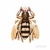 Large 14kt Gold, Tiger's-eye Quartz, and Enamel Bee Brooch, with ruby eyes, 19.0 dwt, 2 3/8 x 1 7/8 in.