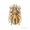 Large 14kt Gold, Turquoise, and Sapphire Insect Brooch, 21.7 dwt, 2 3/8 x 1 7/16 in.
