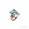 Retro 14kt Rose Gold, Aquamarine, Ruby, and Diamond Ring, the aquamarine measuring approx. 22.50 x 16.70 x 10.50 mm, ruby and old Europ