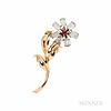 Retro 14kt Gold, Moonstone, and Ruby Flower Brooch, 9.6 dwt, lg. 3 3/8 in.