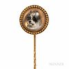 Antique Gold and Reverse-painted Crystal Stickpin, depicting a terrier, dia. 3/4 in.