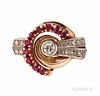 Retro 14kt Rose Gold, Platinum, Synthetic Ruby, and Diamond Ring, bezel-set with a full-cut diamond weighing approx. 0.30 cts., single-