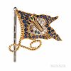 18kt Gold and Platinum Gem-set Artist's Flag Brooch, the flag set with circular-cut sapphires and centering a painter's palette, flying