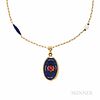 18kt Gold and Enamel Locket and Chain, the chain with cultured pearls, 16.2 dwt, lg. 1 3/4, 31 1/2 in.