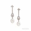 18kt White Gold, Cultured Pearl, and Diamond Earrings, 9.8 dwt, lg. 2 1/4 in.