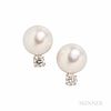 Platinum, South Sea Pearl, and Diamond Earrings, each pearl measuring approx. 12.50 mm, with full-cut diamond accents, approx. total di
