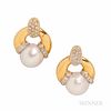 18kt Gold, Cultured Pearl, and Diamond Earrings, the three-quarter pearls each measuring approx. 13.50 mm, 11.9 dwt, lg. 1 1/8 in.