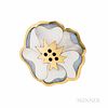 Tiffany & Co. 18kt Gold Inlaid Flower Brooch, with mother-of-pearl, chalcedony, and black jade, 17.5 dwt, 2 x 1 13/16 in., signed, boxe