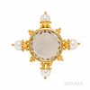 Elizabeth Locke 18kt Gold and Mother-of-pearl Chinese Gaming Counter Brooch, with cultured pearl accents, each pearl measuring approx.