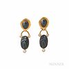 Elizabeth Locke 18kt Gold, Lava Cameo, and Moonstone Earrings, in hammered mounts, 16.0 dwt, lg. 2 1/8 in., signed.