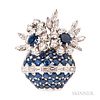 Platinum, Sapphire, and Diamond Flowerpot Brooch, set with circular-cut sapphires, and full-, baguette-, and marquise-cut diamonds, lg.