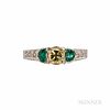 Platinum, Colored Diamond, and Emerald Ring, the fancy-cut yellow diamond weighing 0.90 cts., flanked by emerald half-moons, the should