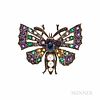 Gem-set Butterfly Brooch, including sapphire, amethysts, and emeralds, rose-cut diamond and split pearls, silver-topped gold mount, 1 3