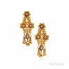 High Karat Gold Earrings, India, with faceted colorless stones, 4.9 dwt, lg. 1 1/2 in.