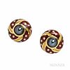 Mavito 18kt Gold, Gray Cultured Pearl, Enamel, and Diamond Earrings, 16.6 dwt, dia. 15/16 in., signed.
