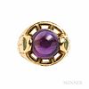 Faraone 18kt Gold and Amethyst Ring, set with a circular cabochon measuring approx. 12.00 mm, buff-top peridot shoulders, 9.0 dwt, size