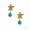 18kt Gold and Turquoise Starfish Earrings, 2.3 dwt, lg. 1 in.