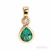 14kt Gold, Emerald, and Diamond Pendant, bezel-set with a pear-shape emerald measuring approx. 9.50 x 8.00 x 5.20 mm, 2.5 dwt, lg. 7/8