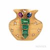 14kt Gold Gem-set Emerald Urn Brooch, set with emerald- and fancy-cut emeralds, oval-cut ruby and sapphire, with star-set diamond accen