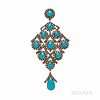 Turquoise and Diamond Pendant, set with cabochons and rose-cut diamonds, silver and gold mount, lg. 4 3/16 x 2 in.
