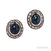 White Gold, Sapphire, and Diamond Earrings, bezel-set cabochon sapphires with rose-cut diamond melee, 6.4 dwt, lg. 5/8 in.