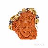 Large 18kt Gold and Carved Coral Pendant/Brooch, Italy, depicting Bacchus crowned with grapevines, sapphire and diamond accents, 40.9 d