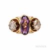 Amethyst and Rose-cut Diamond Ring, set with an oval buff-top amethyst, flanked by foil-back rose-cut diamonds, ropework mount, 9.5 dwt