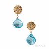 14kt Gold, Blue Topaz, and Diamond Earrings, faceted blue topaz drops, lg. 1 1/8 in.