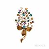 14kt Gold Gem-set Leaf Brooch, set with various colored stones including amethyst, zircon, citrine, and opal, 8.4 dwt, lg. 2 7/8 in.
