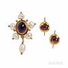 Two Gold Gem-set Jewelry Items, a pair of 18kt gold and garnet cabochon earrings and a 14kt gold, amethyst, and cultured pearl brooch,