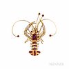 18kt Gold, Ruby, and Diamond Lobster Brooch, with articulated claws, 8.1 dwt, lg. 1 7/8 in.