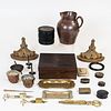 Group of Decorative Items, including a pottery jug, nine lacquered boxes, a pair of brackets, and a rosewood veneer lap desk.
