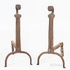 Pair of Federal Wrought Iron Andirons and a Belted Ball-top Shovel and Pair of Tongs.
