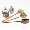 Small Group of Mostly Metal and Wood Domestic Items, including a copper teakettle and two pots, a cranberry scoop, and a cobalt-decorat