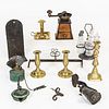Small Group of Metal and Glass Decorative Items, a grinder, cruet set, and assorted lighting devices.