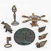 Small Group of Decorative Wood and Metal Items, including three miniature carved decoys, a cast iron alligator container, a tree-form f