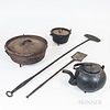 Two Wrought Iron Peels, Two Cast Iron Pans, and a Teakettle.
