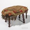 Yarn-sewn Oval-top Stool, America, 19th century, the top with stylized floral pattern, on four turned legs, ht. 7 1/2, wd. 13 in.